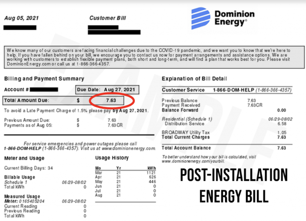 photo of electric bill after solar install